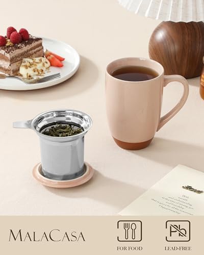 MALACASA Ceramic 18 oz Tea Mug with Lid and Infuser, Khaki Pink
