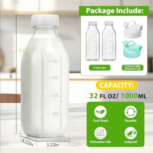 CUCUMI 4 Pack 32 Oz Glass Milk Bottle with Reusable Lid