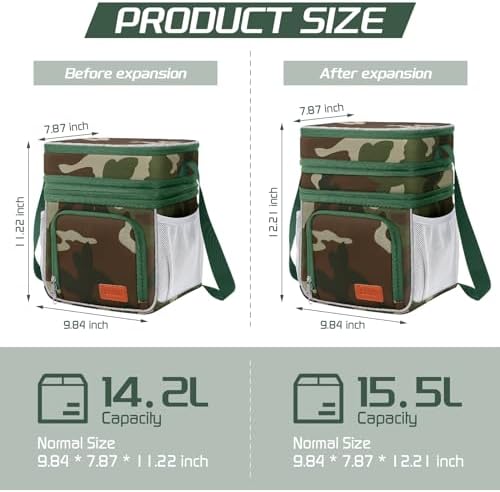 ZRSUN Insulated Lunch Bag for Women Men, Reusable 3 Layers Lunch Box Women, Expandable Reusable Water-resistant Lunch Box for Work Travel Office Picnic Hiking (Green Camo)