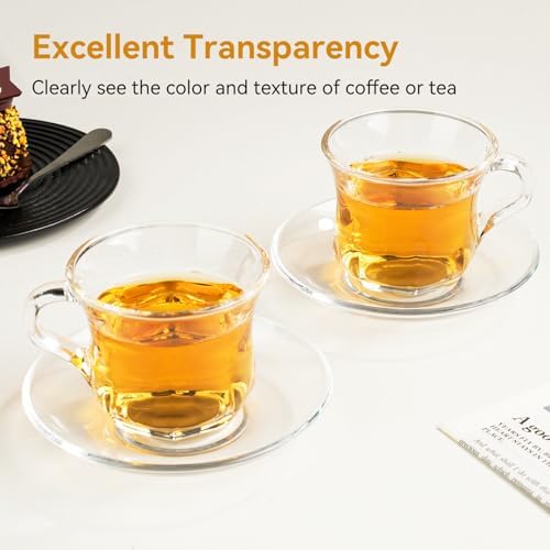 Glass Tea Cups and Saucers Set of 6, Clear Coffee Mugs with Stainless Steel Spoon, Dishwasher & Microwave Safe Teacups for Espresso Cappuccino Latte Tea Juice, 6OZ/180ML