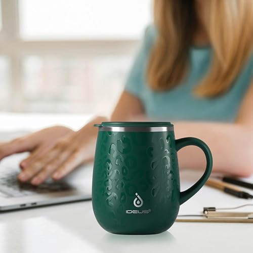 Ideus 16 oz Insulated Coffee Mug with Lid and Handle (Leopard Green)