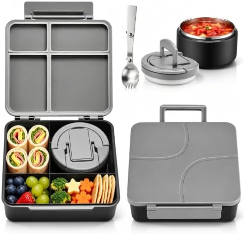 Bento Lunch Box for Kids with 8oz Soup Thermo,Kids Leakproof Lunch Food Containers with 4 Compartment,Kid Insulated Thermo Hot Food Jar for School,Trvael-Black