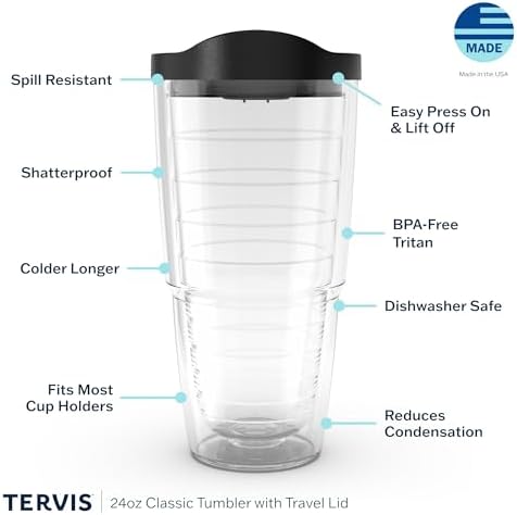 Tervis Clear & Colorful Lidded Made in USA Double Walled Insulated Tumbler Travel Cup Keeps Drinks Cold & Hot, 24oz, Clear Lid, 1 Count (Pack of 1)