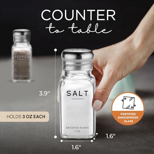 Glass Salt and Pepper Shakers Set by Brighter Barns - Modern Kitchen Decor, Dining Table Countertop Accessory - Rustic, Farmhouse, Vintage Glass Shakers with Stainless Steel Lids for Home, Restaurant