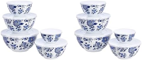 Amazon Basics Mixing Bowls with Lids, Nesting Melamine Serving Bowls, Non-Slip Base, BPA Free, Dishwasher Safe, 5 Sizes, Blue and White Floral, Set Of 10 (Pack of 2)