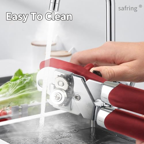 Safring Can Opener Manual, Handheld Strong Heavy Duty Stainless Steel Can Opener, Comfortable Handle, Sharp Blade Smooth Edge, Can Openers with Multifunctional Bottle Opener, Red