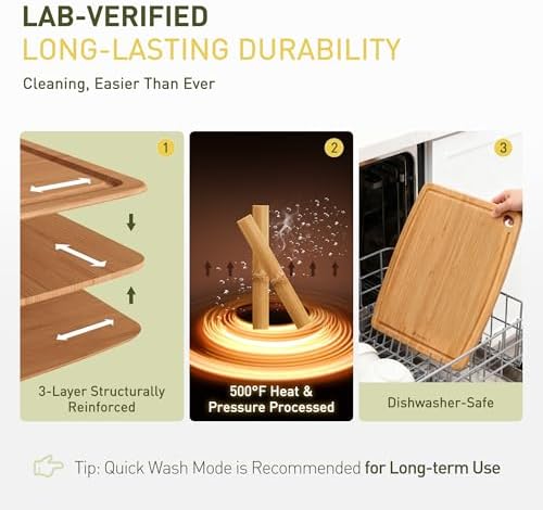 Lightweight Durable Bamboo Cutting Board with Non-Slip Feet, Reversible Wood Cutting Board with Juice Groove Easy to Store & Clean, Water-Resistant Ideal Kitchen Gift for Home Cooks