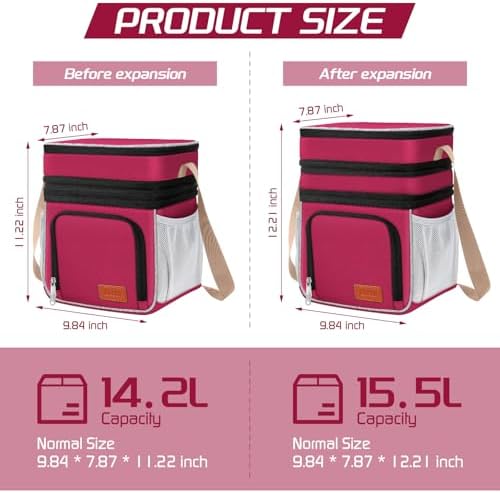 ZRSUN Insulated Lunch Bag for Women Men, Reusable 3 Layers Lunch Box Women, Expandable Reusable Water-resistant Lunch Box for Work Travel Office Picnic Hiking (Red)