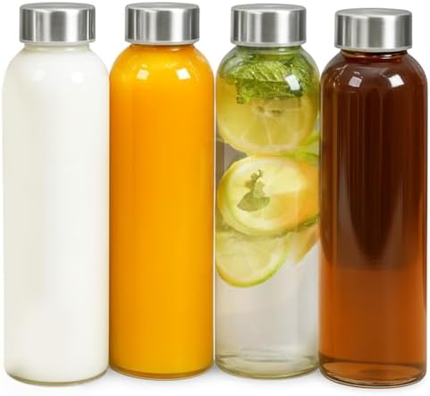 Epica Clear Glass Bottles with Lids, 18 oz Water Bottles, Steel Cap, 4-Pack