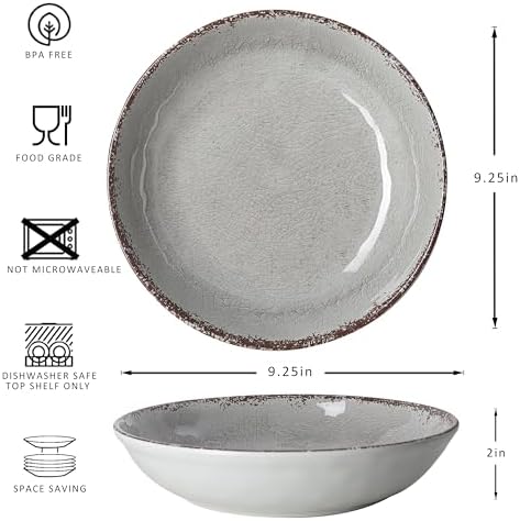 LEHAHA Farmhouse Melamine Pasta Bowl, 9.25 inch Large Salad Bowls, Set of 6, Unbreakable 100% Melamine Serving Bowls Set for Dinner, Wide and Shallow Bowls Set, Dishwasher Safe, Grey…