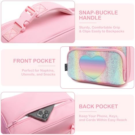 FlowFly Kids Lunch box Insulated Soft Bag Mini Cooler Back to School Thermal Meal Tote Kit for Girls, Boys,Glitter-RainBow