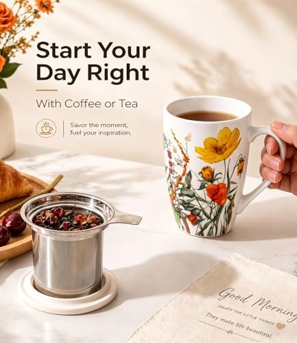 AmorArc Tea Cup With Infuser and Lid, 18oz Loose Leaf Tea Mug With Steeper