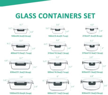 KOMUEE 24 Pieces Glass Food Storage Containers Set, Gray