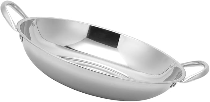 Double Handle Cooking Wok Flat Bottom Pan Stainless Steel Kitchen Pot for Hot Pot Stew and Seafood 9.05X8.66X1.96 Inch