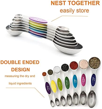 Magnetic Measuring Spoons Set - Stainless Steel Stackable Dual Sided Teaspoon Tablespoon for Measuring Dry and Liquid Ingredients, Measuring Spoons for Cooking & Baking, Fits in Spice Jars, Set of 8