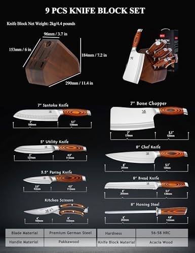 MSY BIGSUNNY 9pcs Knife Block Set, German Steel Kitchen Knife Set with Bone Chopper, Precious Pakkawood Handle for Chef Knife Block Set