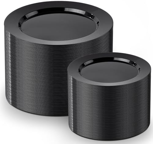 FLOWERCAT 200PCS Black Plastic Disposable Plates for Party - 10 "&7" Black Plastic Plates - Serve for 100 Guests for Summer Party & Birthday & Wedding&Halloween