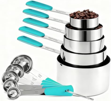 Bopei 10-Pcs Stainless Steel Measuring Cups & Spoons Set, Aqua Sky Handles