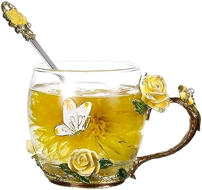SUQ I OME Enamel Rose and Butterfly Flower Glass Tea Cup, Valentine Gifts For Women,Wife, Friend for Valentines Wedding, Women's day, Engagement, Yellow Rose,11 oz