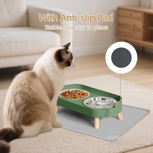 Elevated Cat Bowl with Food Mat, Raised Cat Food and Water Bowl Set for Indoor Cats, Splash Proof with 2 Stainless Steel Pet Food Bowls for Cats and Puppies,Whisker Fatigue and Dishwasher Safe (Green)