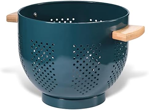 Metal Colander with Wood Handle, Powder Coated Steel Large Kitchen Strainer Stable Base,(Green, 5.5QT)