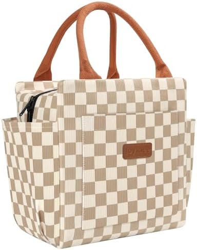 Joymee Lunch Bag for Women Insulated Corduroy Large Capacity- Checker Brown
