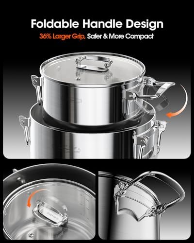 Stainless Steel Pot Set, 6-Piece Stackable Stock Pots with Glass Lids
