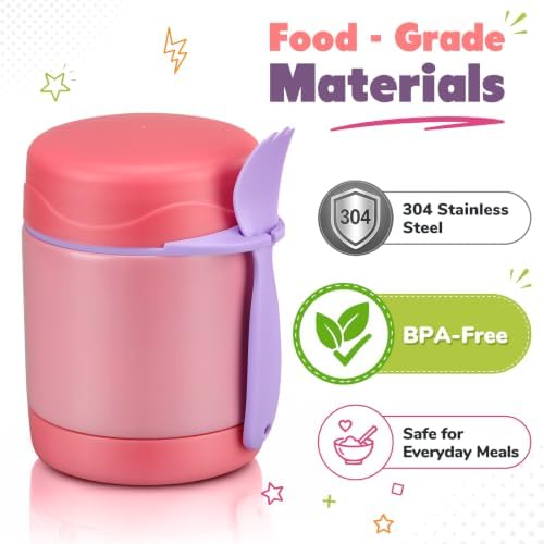 10oz Soup Thermo for Hot Food Kids,Lunch Thermo Kids Food Jar with Spoon Hot Insulated Food Containers,Leak Proof Stainless Steel Wide Mouth Lunch Thermo Jar for School(Pink)