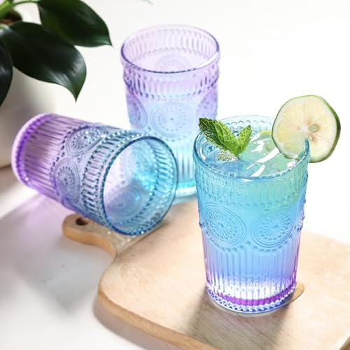 Loivttvv 6pcs Vintage Drinking Glasses Set, 12 oz Glass Cups, Embossed Ribbed Glassware Drinking Glasses for Cocktail, Water, Juice, Coffee, Whiskey