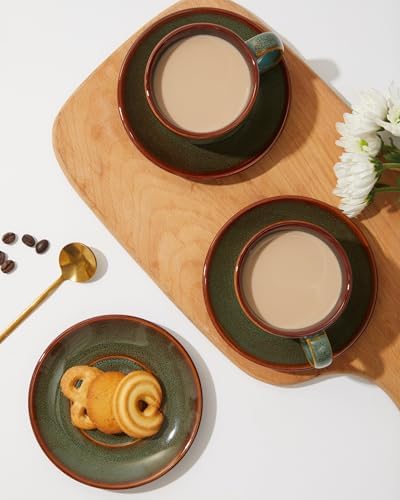 Pokini Stoneware Coffee Cups with Saucers, Cappuccino Cups, Mugs Set of 4