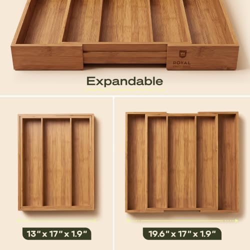 ROYAL CRAFT WOOD Carbonized Bamboo Kitchen Drawer Organizer - Silverware Organizer - Utensil Holder and Cutlery Tray with Grooved Drawer Dividers for Flatware and Kitchen Utensils, 5 Slot