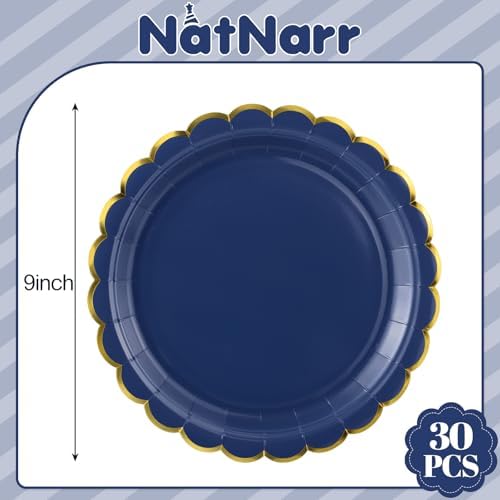 NatNarr 30 Pk Navy Blue Paper Plates 9" Scalloped Blue Gold Party Plates