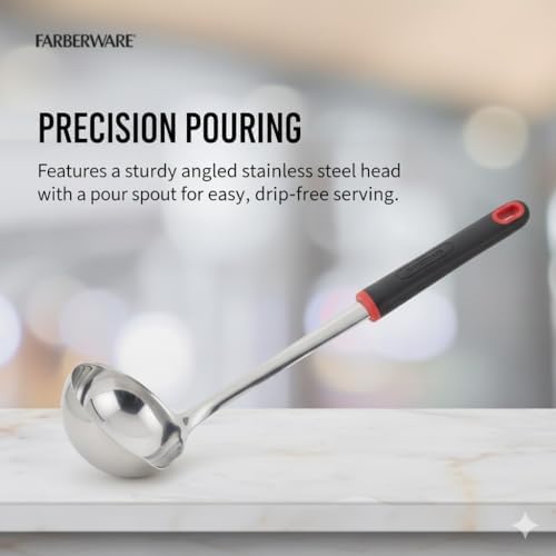 Farberware Stainless Steel Soup Ladle with Pour Spout, 12.5-Inch Kitchen Ladle Spoon for Soups, Stews, and Sauces - Dishwasher Safe Serving Ladle