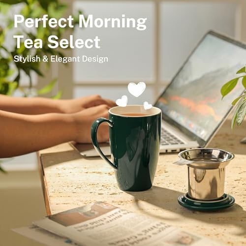 Sweese 15 OZ Porcelain Tea Mug with Infuser and Lid, Loose Leaf Tea Cup, Gifts for Tea Lover, Dark Green