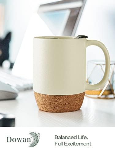 DOWAN Coffee Mugs Set of 2, 15 OZ Ceramic Mug with Cork Bottom and Splash Proof Lid, Large Coffee Cup with Handle for Tea Latte, Beige