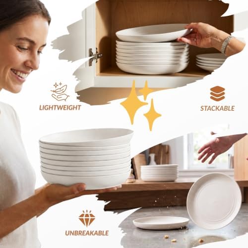 Homienly Wheat Straw Plates, 8 Inch Dessert Plates Set of 8, Unbreakable White Round Plate - Alternative to Plastic Plates, Lightweight Microwave and Dishwasher Safe Plate Set for Camping - White