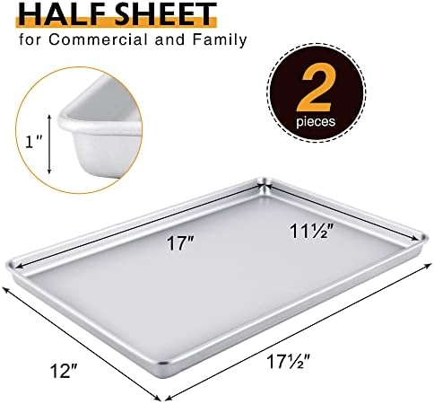 HONGBAKE Half Baking Sheet Pan Set of 2, Nonstick Cookie Sheet for Oven, Heavy Duty 1/2 Commercial Cookie Trays, Dishwasher Safe - Silver