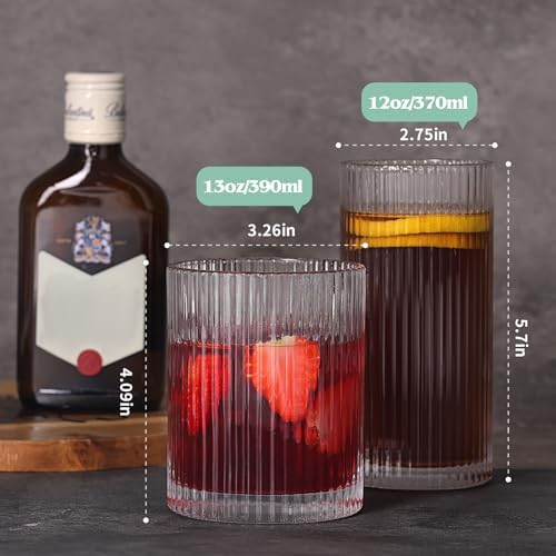 Moretoes Ribbed Glass Cups Set of 12 Drinking Glasses