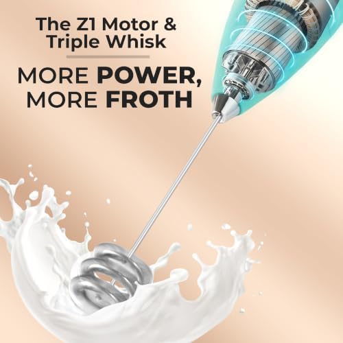 Zulay Kitchen Powerful Milk Frother Wand With Duracell Batteries - Ultra Fast Handheld Drink Mixer - Electric Whisk Foam Maker for Coffee, Lattes, Cappuccino & Matcha - Triple Whisk - Queen Turquoise