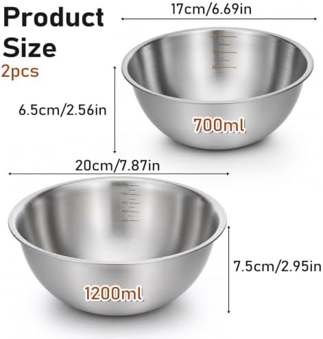 2Pcs Stainless Steel Mixing Bowls 6. 7" 7.8" Metal Bowl, Silver 700/1200ml