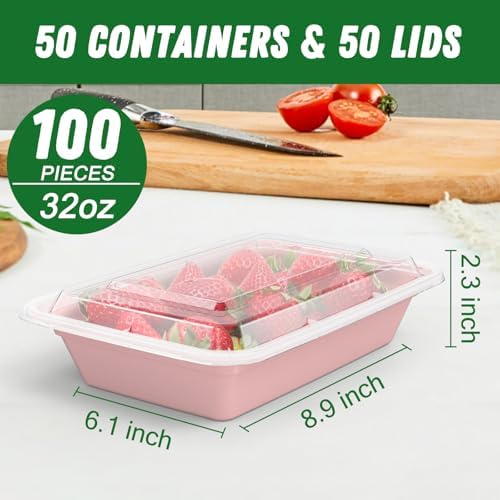 50 Pack (100-Piece) 32 oz Meal Prep Containers with Easy Open Lids, Pink