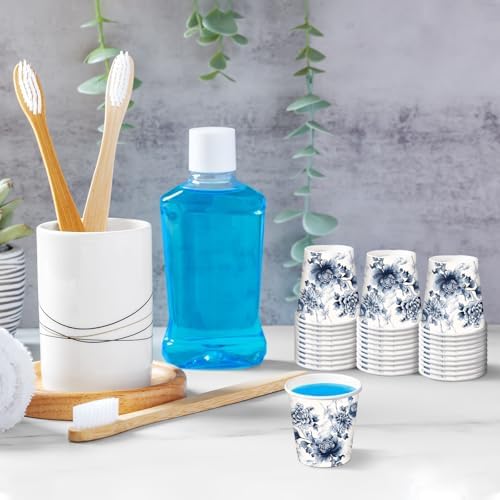 RUSPEPA 2 oz Bathroom Cups, Disposable Paper Cups - 100 Pack Blue Watercolor Flower Design Printed - Mini Mouthwash Rinse Paper Cups for Home, Bathroom, Picnic, Party, and Events