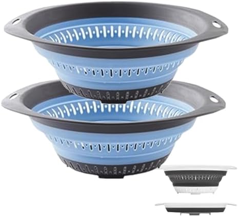Collapsible Colander and Strainer,Silicone Strainer Colanders & Food Strainers,for Vegetable and Fruit, Kitchen Essentials (2, Blue, 2.5L+2.5L)