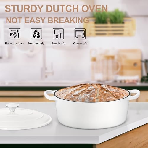 E-far 7QT Oval Dutch Oven Pot with Lid, White Enameled Cast Iron Dutch Oven