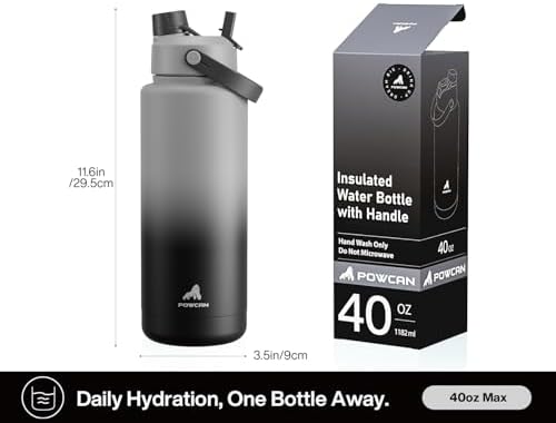 POWCAN Insulated Water Bottle with 2-in-1 Straw and Spout Lid, Keep Cold 24H, Leak-Proof, BPA-Free, Double Wall Stainless Steel Water Bottle for Sports, Gym, Travel, and School (40oz, Obsidian)