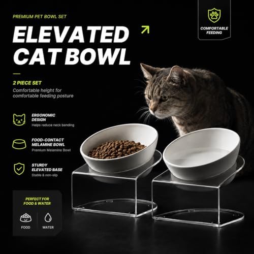 LivLab Mker Elevated Cat Bowls, Tilted Melamine, White, 2 Pack