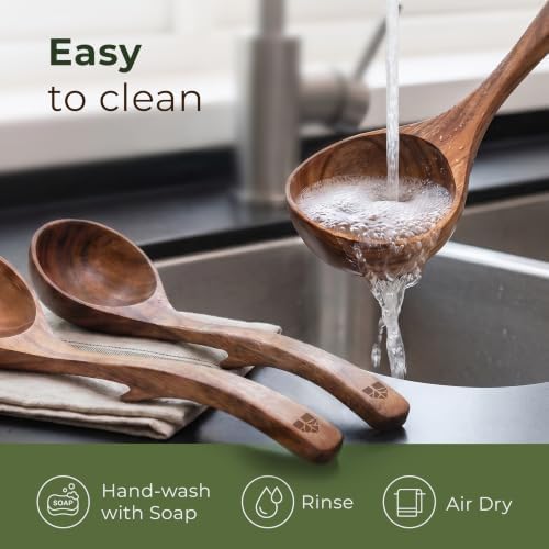 Wooden Ladle for Soup, 3 Large Size Teak Wood Ladle Spoon Set