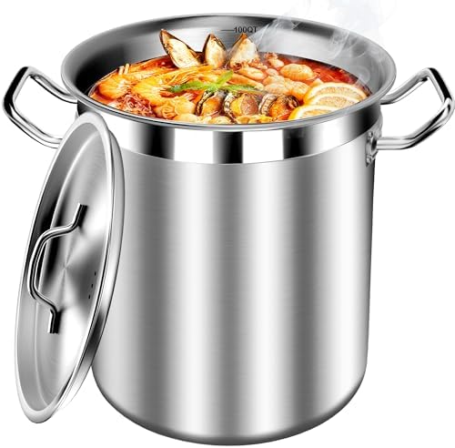 STOCKPOT Extra Large Stock Pot 100 Quart (25Gallon) – Professional Stainless Steel Stockpot with Lid – Heavy Duty Cooking Pot for Commercial Kitchens, Canning, and Outdoor Seafood Boil