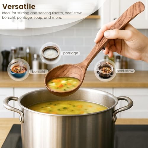 HANSGO Wooden Ladle for Cooking, Wooden Soup Spoons, Natural Teak Wood Serving Spoon, 9'' Long Handle Scooper for Stirring Gravy Sauce Porridge, House Warming Gifts New Home