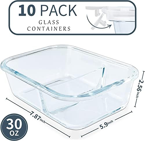 KOMUEE 10 Packs 30oz Glass Meal Prep Containers 2 Compartments, White